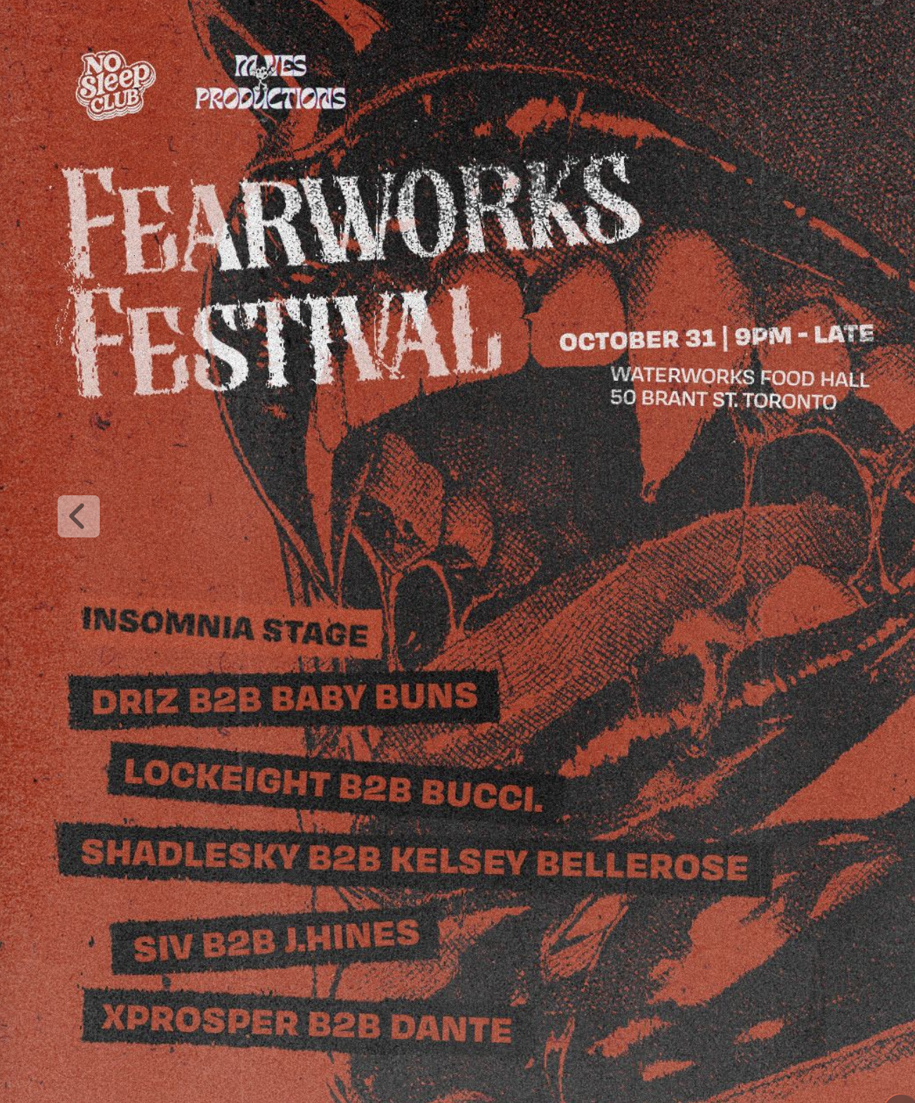 Fearworks Festival flyer — No Sleep Club x Maves Productions, red grunge artwork