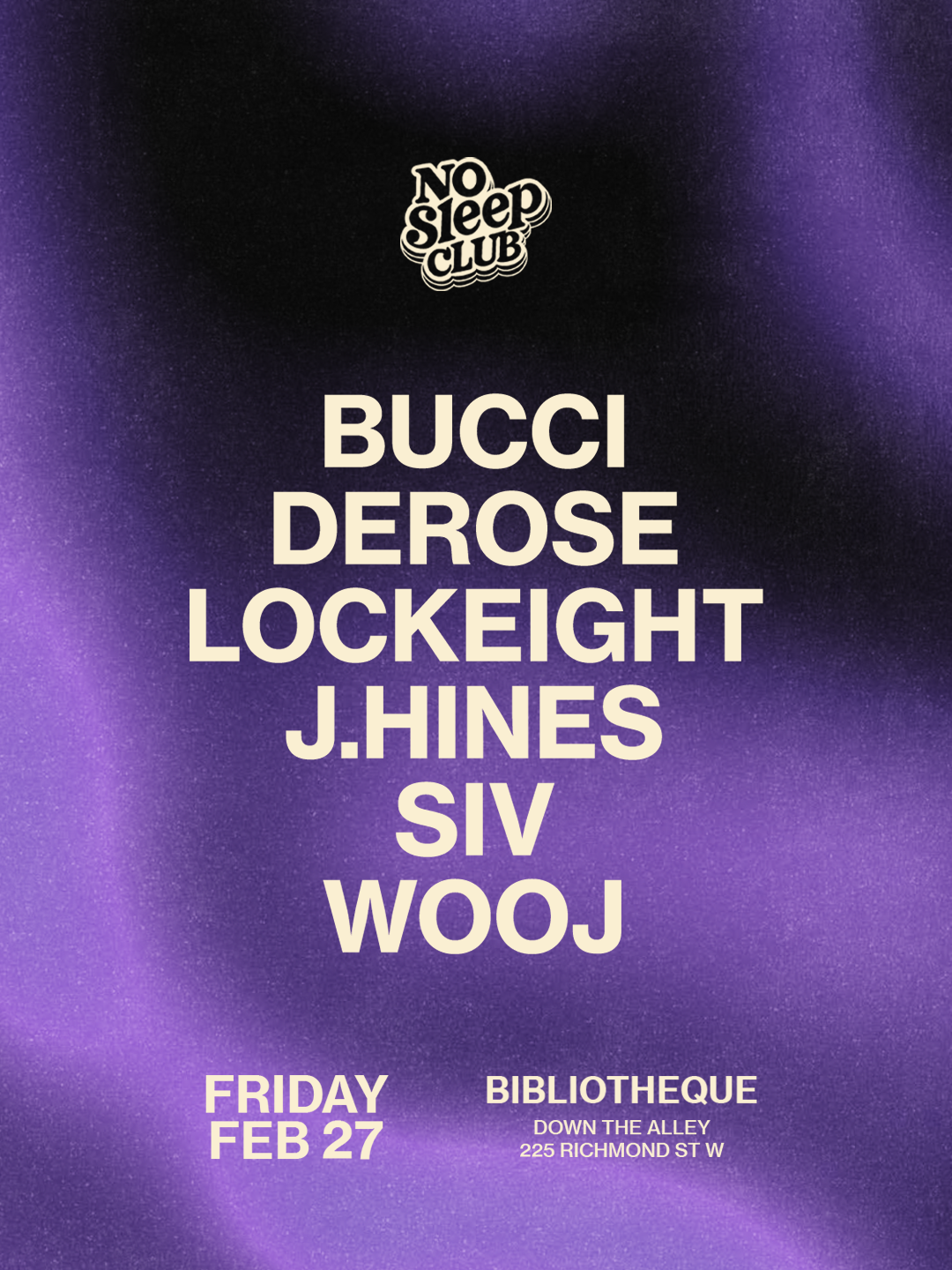 No Sleep Club Bibliothèque flyer — BUCCI, DEROSE, LOCKEIGHT, J.HINES, SIV, WOOJ